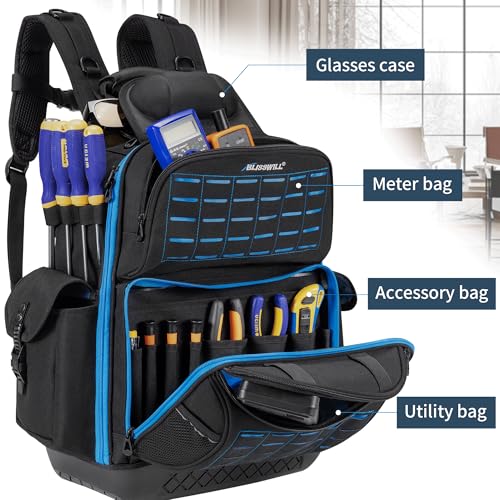 BLISSWILL Tool Bag Backpack for men,Heavy Duty Tool Backpack Bag with Waterproof Molded Base，62 Pockets/40 Loops Heavy Duty Tools Organizer Bags/Electrician/Industrial/Construction Work Backpack - color: Black