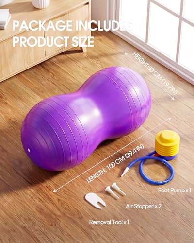 Premium Peanut Ball - 100x50cm Anti-Burst Exercise Ball for Physical Therapy, Pregnancy Labor & Home Fitness Sensory| Non-Slip Design | Quick-Inflate Pump Included - color: purple