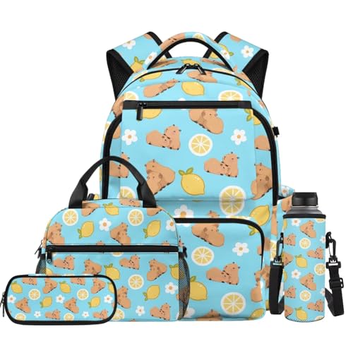 Lemon Capybara Backpack for Boys Bookbag with Lunch Box Pencil Case and Water Bottle Carrier 4PCS Set Cool Backpacks for Boys Kids Bookbags for Kindergarten Primary Elementary School - color: Capybara Lemon