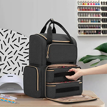 LUXJA Nail Polish Organizer (Backpack Version) Holds 70 Bottles and a Nail Lamp, Travel Nail Bag with 2 Removable Cases and Tools Storage Pockets (Patent Pending), Black - color: Black