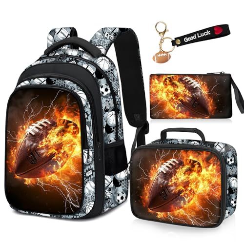 School Backpack for Boys - 4pcs American Football Boys Backpack with Lunch Box Set for Kids Children Teens Elementary Middle School - 17″ Sport Bookbag Travel Back Pack for Age 6-18 - color: American Football Backpack05 Set