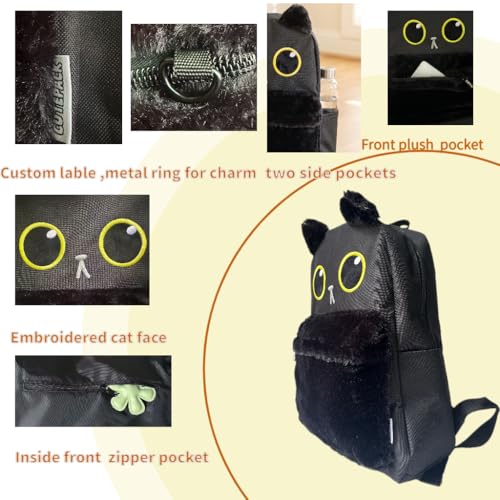 Kawaii Black Cat School Backpack with Cute Fur 3D Face Fluffy Casual Aesthetic Bookbag Simple Laptop Backpack Waterproof Daypack for Women Men (Black Cat) - style: Kawaii Black Cat Backpack