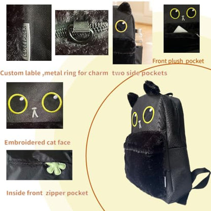 Kawaii Black Cat School Backpack with Cute Fur 3D Face Fluffy Casual Aesthetic Bookbag Simple Laptop Backpack Waterproof Daypack for Women Men (Black Cat) - style: Kawaii Black Cat Backpack