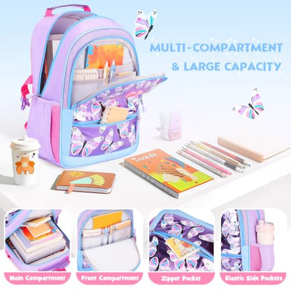 Kids Backpack for Girls 5-8, 4PCS Toddler Backpack with 13oz Kids Insulated Water Bottle, Lunch Box and Pencil Case, Girls Bookbag Schoolbag for Primary Kindergarten Elementary School - color: Purple Blue Butterfly