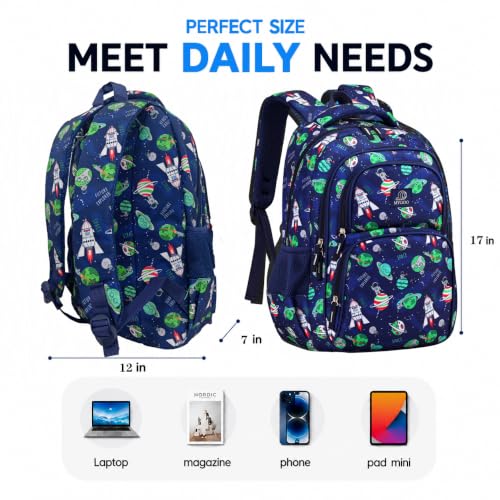 MYGOO Boys School Backpack Campus Astro Navy Bookbag for Elementary Middle School Ages 5-12, 17 inch Large Capacity 24L Kids Student Travel Bags - color: Campus Astro Navy