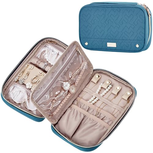 NISHEL Travel Jewelry Case, Holiday Organizer for Necklaces, Earrings, Rings, Bracelets, Watch, Lake-Blue - color: Lake-Blue, size: Medium