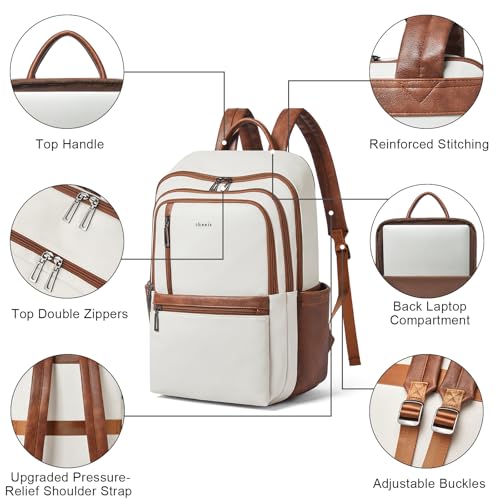 Shrrie 17 inch Leather Laptop Backpack for Women, Large Travel Backpack with 6 Compartments, Computer Backpack Purse for Work College - color: Beige