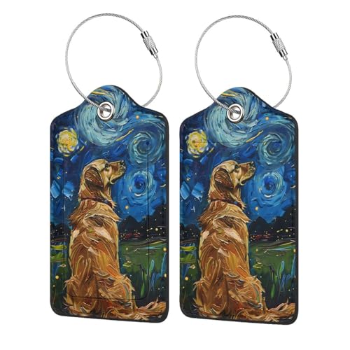 Luggage Tags for Suitcases Starry Night Golden Retriever Luggage Tags PU Leather Travel Name Tags Baggage Tags for Cruise Ships Airport Essentials 2 Pack - color: Dog