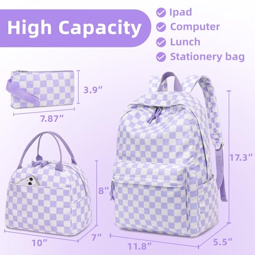 LEDAOU Backpack for Girls School Bag Kids Bookbag Teen Backpack Set Daypack with Lunch Bag and Pencil Case | Kids - color: Purple Checkered
