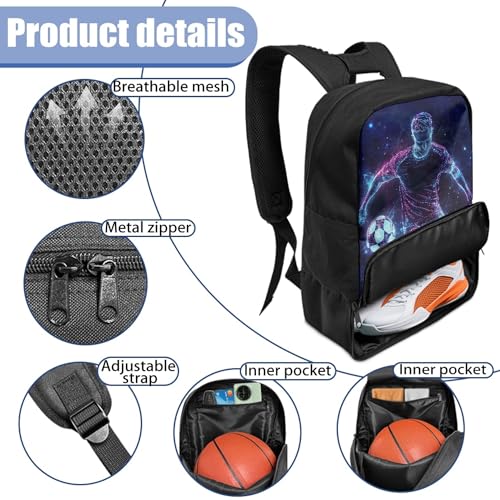 Sports Backpack with Ball Holder, Shoe Compartment, Waterproof Design, Multiple Graphic Prints, 18.5 x 12.6 x 7.3 Inches, Black