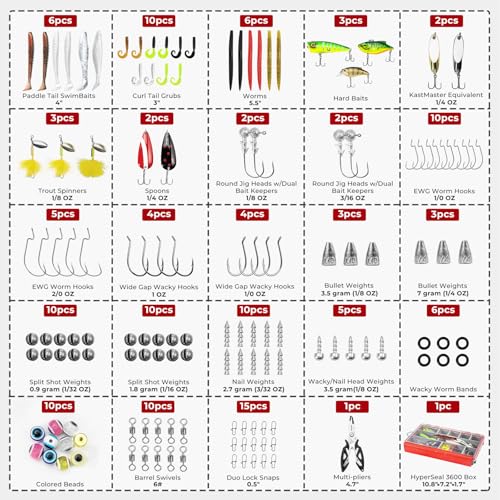 MadBite by KastKing 182/265/400pcs Compact Fishing Tackle Kit - All-in-One Freshwater Hooks, Weights, Bobbers in Tackle Box, Fishing Gear Set for Bass Trout Panfish - style: 143pcs Freshwater Lure Kit