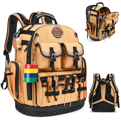 Tool Bag Backpack, Tool Backpack Heavy Duty Organizer/HVAC Tool Bag for Electrician/Construction Work with Molded Base and Combination Lock, Large, Brown