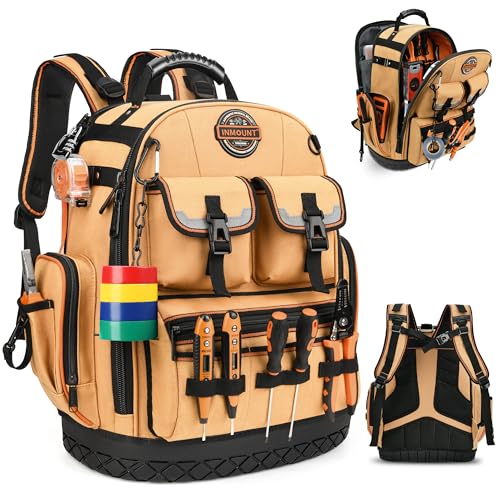 Tool Bag Backpack, Tool Backpack Heavy Duty Organizer/HVAC Tool Bag for Electrician/Construction Work with Molded Base and Combination Lock, Large, Brown