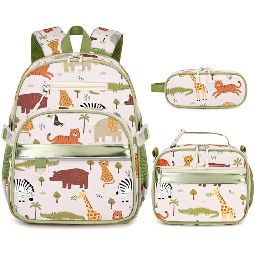 3PCS Boys Backpack Ages 5-8 with Lunch Bag & Pencil Case, Toddler School Backpack for Kids Boys - 15inch Backpack Boy Bookbag for Preschool Kindergarten Elementary School - color: Zoo