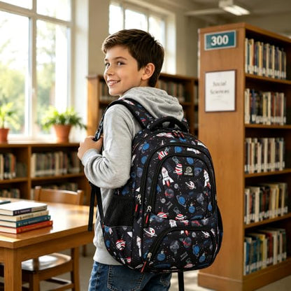 MYGOO Boys School Backpack Doubleday Astro Black Bookbag for Elementary Middle School Ages 5-12, 17 inch Large Capacity 24L Kids Student Travel Bags - color: Doubleday Astro Black