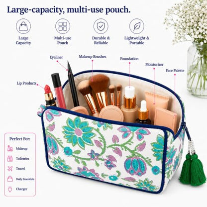 Huar Travel Makeup Bag- Large Capacity Cosmetic Bags for Women - color: White & Green Floral