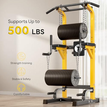 SogesPower Power Tower Pull Up Dip Stand Multi-Function Adjustable Height Workout Equipment Dip Station Fitness Strength Training for Home Gym 330LBS - color: Yellow