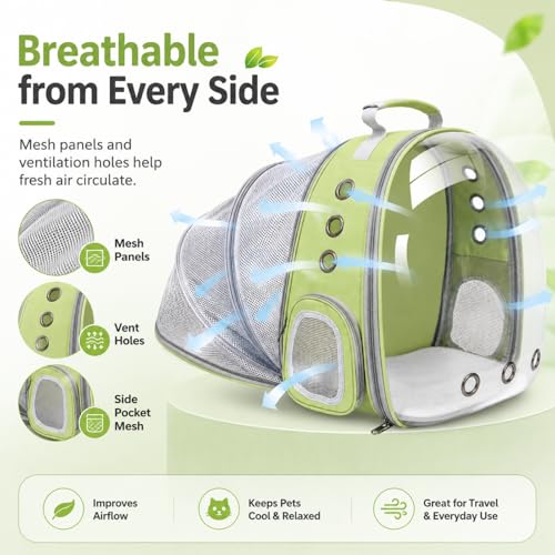 Expandable Cat Carrier Backpack with Bubble Window and Mesh, Light Green - color: LightGreen