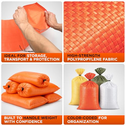 Heavy Duty Sand Bags Pack of 24, Bright Orange Empty Sandbags with Built-In Ties, Woven Polypropylene UV Protection 1600 Hours, Fillable Bags for Flood Control, Weight, 14x26 inches, 50 Pounds Volume - size: 14"W x 26"L, style: Pack of 24