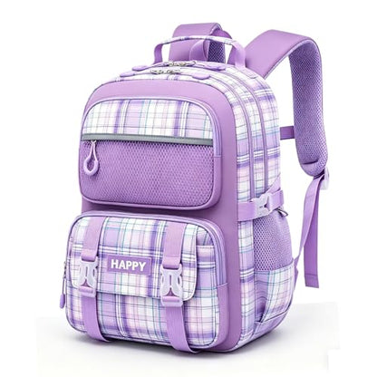 Kids Backpack for Girls,Cute Plaid Backpack,Preppy Bookbag for Elementary & Middle School Students,Large Capacity School Bag,17 Inch,Purple - color: Purple