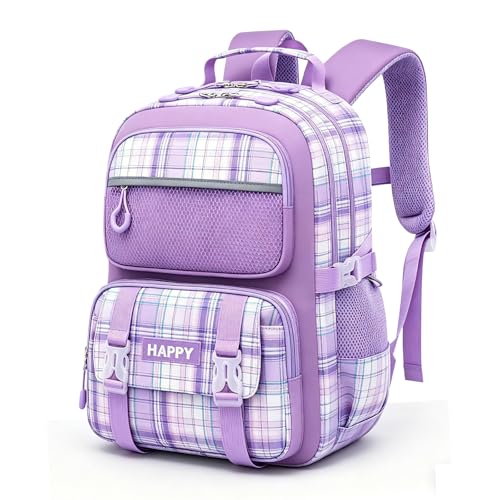Kids Backpack for Girls,Cute Plaid Backpack,Preppy Bookbag for Elementary & Middle School Students,Large Capacity School Bag,17 Inch,Purple - color: Purple