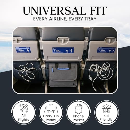 SO~MINE Airplane Pocket Organizer | Tray Table Cover | In Flight Seat Back Organizer Bag | Commuter Essential Travel Bag | Media Pouch For Flying | Travel Gift | Attaches To Luggage - color: Charcoal Cobalt
