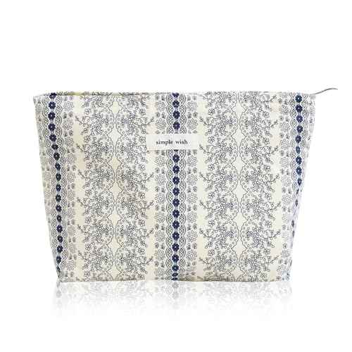 Wudygirl Makeup Bag Cute Cosmetic Bag for Women Large Capacity Makeup Pouch Travel Makeup Organizer Canvas Toiletry Bag Pouches for Purse with Zipper (Navy Blue Striped Floral) - color: Navy BLue Floral