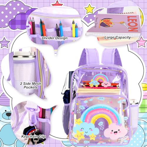 Paterr 3 Pcs Clear Backpack for Girls Rainbow Cloud Backpack with Lunch Bag Pencil Case for Kids Purple Heavy Duty PVC Transparent Bookbag See Through School Bag - color: Purple, style: Rainbow Cloud