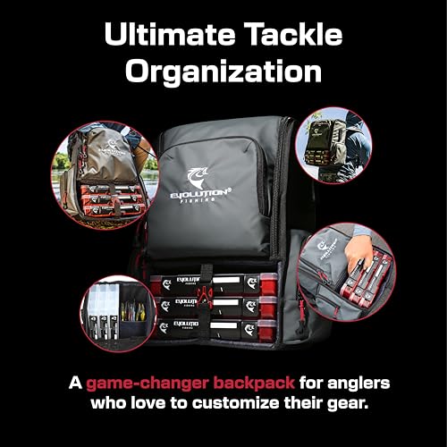 Evolution Fishing Largemouth 3.0 Tackle Backpack - Patent Pending Modular Dividers, Rod Holders, Heavy Duty Fishing Backpack, Includes Quiklatch Tackle Trays