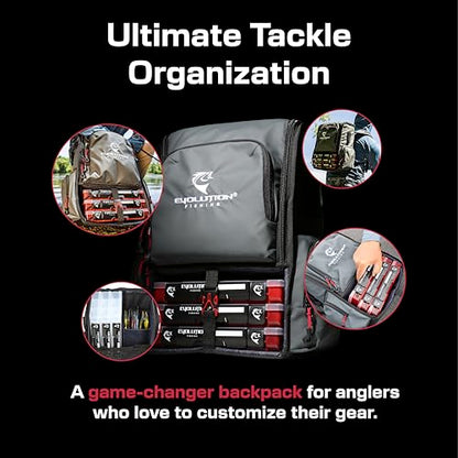 Evolution Fishing Largemouth 3.0 Tackle Backpack - Patent Pending Modular Dividers, Rod Holders, Heavy Duty Fishing Backpack, Includes Quiklatch Tackle Trays