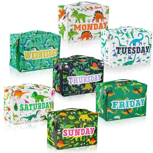 Paterr 7 Pcs Days of Week Packing Cubes for Kids Travel Compression Packing Cubes Colorful Luggage Organizers Suitcase Camp(Dinosaur) - color: Dinosaur, size: 9 x 7 x 3 Inch