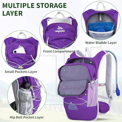 Hydration Backpack with 2L Water Bladder - 20L Water Backpack for Hiking, Cycling, Running, Biking, Lightweight Hiking Pack Bag for Women & Men with Trekking Pole Holders - color: purple with 2L water bladder