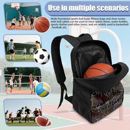 18.5in Basketball Backpack Basketball Bag with Shoe Compartment & Ball Holder, Waterproof Bag for Soccer Volleyball - color: Simple Text Alphabet Print