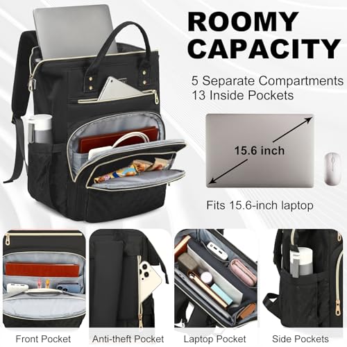 AIJIEKE Lunch Backpack for Women, 15.6 Inch Laptop Backpack with Detachable Insulated Cooler Lunch Box, 2-in-1 Water Resistant Work Computer Bag for Nurse Teacher College Commute, Black - color: Black