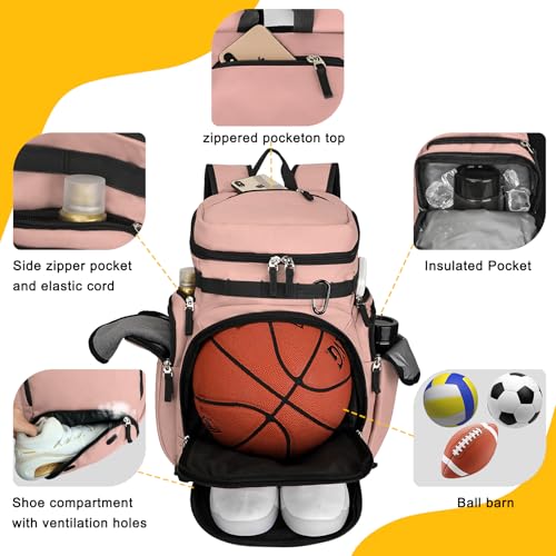 Goloni Basketball Backpack,Large Sports Bag with Ball Compartment & Shoe Compartment, Best for Basketball, Soccer - color: Meat pink