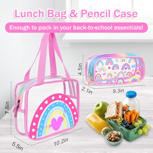 SHPMXUPW 3-Piece Clear PVC School Backpack for Boys and Girls, 17″ Kids Transparent Pink Backpack Set with Lunch Bag & Pencil Case–Adjustable Straps, Side Mesh Pocket & Sturdy Handle (Pink-Rainbow) - color: Pink-Rainbow