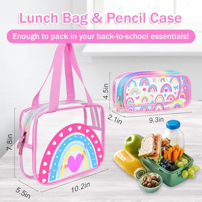 SHPMXUPW 3-Piece Clear PVC School Backpack for Boys and Girls, 17″ Kids Transparent Pink Backpack Set with Lunch Bag & Pencil Case–Adjustable Straps, Side Mesh Pocket & Sturdy Handle (Pink-Rainbow) - color: Pink-Rainbow