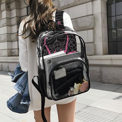Pink Spider and Spider Web on Black Clear Backpack PVC Transparent Backpack Lightweight Book Bags Capacity Clear Bag for Boys Girls - color: Charcoal Grey