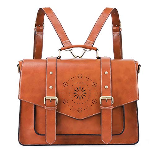 ECOSUSI Backpack for Women Briefcase Messenger Laptop Bag Vegan Leather Satchel Work Bags Fits 15.6 inch Laptops, Brown - color: 2-brown-l