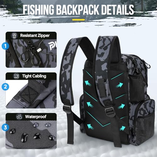 PLUSINNO Cooler Fishing Backpack with Rod Holders 45L Large Water-resistant Fishing Tackle bag Store Fishing Gear Fishing Gifts for Men Father - color: Black Camo with box
