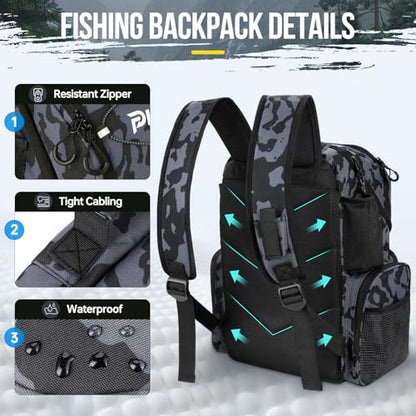 PLUSINNO Cooler Fishing Backpack with Rod Holders 45L Large Water-resistant Fishing Tackle bag Store Fishing Gear Fishing Gifts for Men Father - color: Black Camo with box