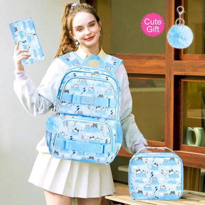 UFNDC Backpack for Girls, 17.5" Water Resistant Cat Galaxy Tie-Dye School Backpacks, Teens Bookbag for Women College Middle - color: Girls Backpack Cloud Cat Blue