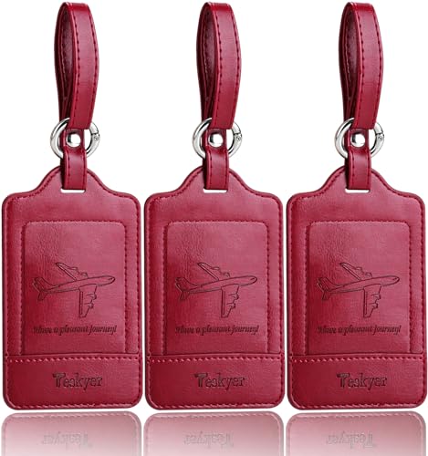 Teskyer Luggage Tags, 3 Pack Premium PU Leather Luggage Tags Privacy Protection Travel Bag Labels Suitcase Tags - color: Wine Red