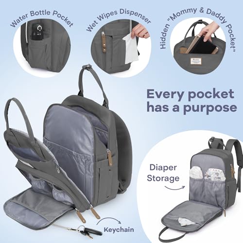RUVALINO Diaper Bag Backpack, Multifunction Travel Back Pack Maternity Baby Changing Bags, Large Capacity, Waterproof and Stylish, Iron Gray - color: Iron Gray