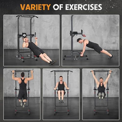 SogesPower Power Tower Pull Up Dip Stand Multi-Function Adjustable Height Workout Equipment Dip Station Fitness Strength Training for Home Gym 330LBS - color: Black