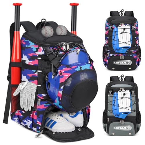 RAINSMORE Baseball Bag for Youth & Adult Lightweight Softball Bat Bag with Shoe Compartment, External Helmet Holder and Fence Hook Waterproof Baseball Backpack Hold T-Ball, Bat and Softball Equipment - color: Pink Camouflage