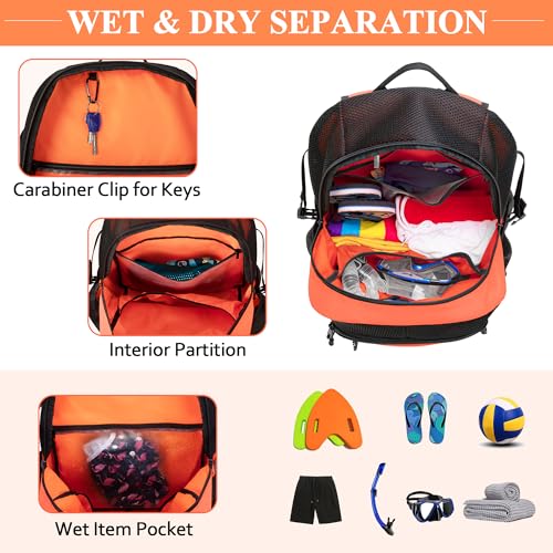 Fasrom Mesh Beach Bag Backpack with Wet Item Pocket, Swim Backpack for Pool, Travel and Gym (Patent Design, Empty Bag Only), Orange - color: Orange