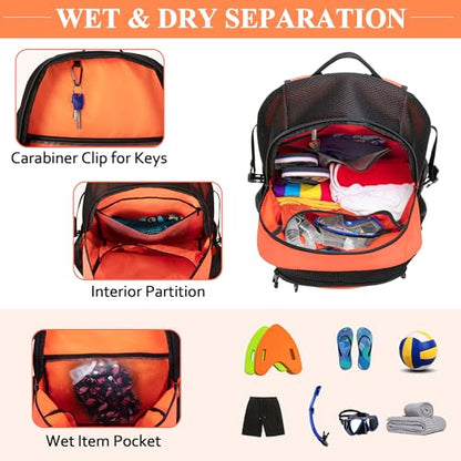 Fasrom Mesh Beach Bag Backpack with Wet Item Pocket, Swim Backpack for Pool, Travel and Gym (Patent Design, Empty Bag Only), Orange - color: Orange
