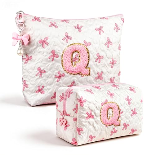 Initial Makeup Bag, Valentines Day Gifts for Women Teens Girls Birthday Gift Personalized Bow Cosmetic Bag, Quilted Cosmetic Travel Toiletry Pouch, Cute Makeup Organizer Teen Girl Gifts Trendy Stuff Q - color: Q