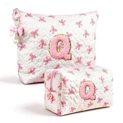 Initial Makeup Bag, Valentines Day Gifts for Women Teens Girls Birthday Gift Personalized Bow Cosmetic Bag, Quilted Cosmetic Travel Toiletry Pouch, Cute Makeup Organizer Teen Girl Gifts Trendy Stuff Q - color: Q